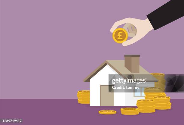 businessman putting a uk pound coin into a house - british currency stock illustrations