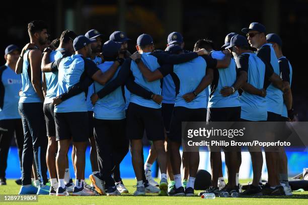 Coach Ravi Shastri speaks to the India players before game two of the Twenty20 International series between Australia and India at Sydney Cricket...