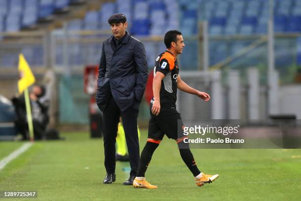 Pedro of Roma leaves the pitch after being sent off after being shown a second yellow card during the Serie A match between AS Roma and US Sassuolo...