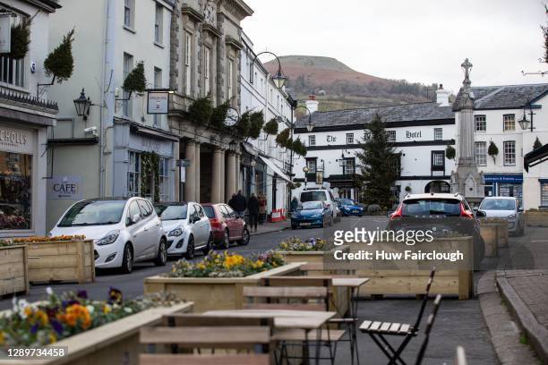 General view of Crickhowell High street following extra restrictions imposed by the Welsh Government on December 6, 2020 at Crickhowell, Powys,...