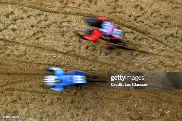 Abbie Manley of The United Kingdom and Montezumas Race Team / Sidney Mcgill of Canada and Team Pedalhead Race Room / Sand / Detail view / during the...