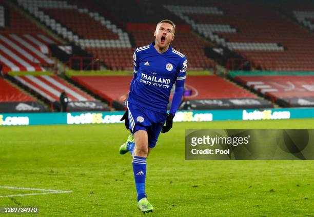 Jamie Vardy of Leicester City celebrates after scoring their sides second goal during the Premier League match between Sheffield United and Leicester...