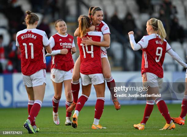 Jill Roord of Arsenal FC celebrates with teammates after scoring their sides second goal during the Barclays FA Women's Super League match between...