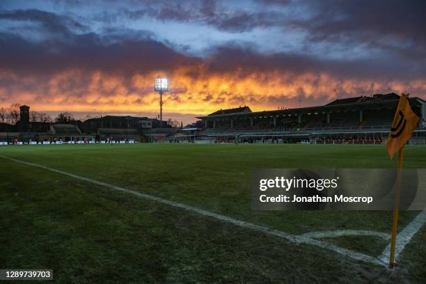 General view of the stadium as the sun sets during the Serie C match between Juventus U23 and Pro Patria at Stadio Giuseppe Moccagatta on December...