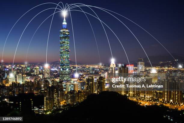 smart city and connection lines. urban skyline in taipei, taiwan, at night. - taipei taiwan stock pictures, royalty-free photos & images