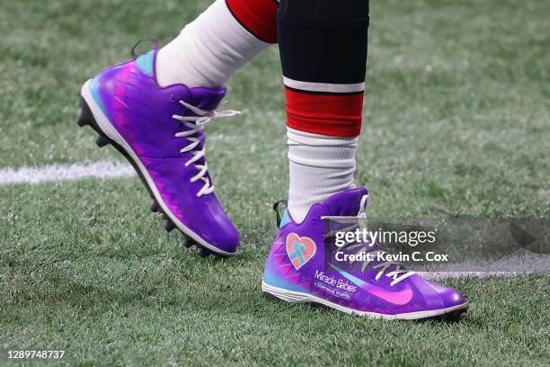Close-up view of the cleats worn by Matt Ryan of the Atlanta Falcons promoting the March of Dimes charity prior to the game against the New Orleans...