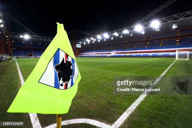 General view of a corner flag inside the stadium during the Serie A match between UC Sampdoria and AC Milan at Stadio Luigi Ferraris on December 06,...