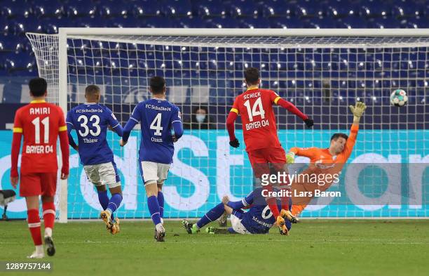 Patrik Schick of Bayer Leverkusen scores their team's third goal during the Bundesliga match between FC Schalke 04 and Bayer 04 Leverkusen at...