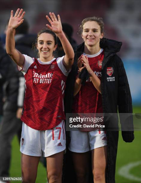 Lisa Evans and Vivianne Miedema of Arsenal wave to the fans after the Barclays FA Women's Super League match between Arsenal Women and Birmingham...