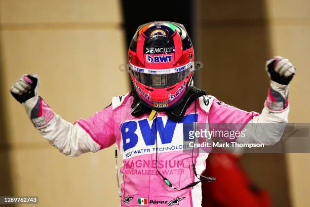 Race winner Sergio Perez of Mexico and Racing Point celebrates his maiden F1 victory in parc ferme during the F1 Grand Prix of Sakhir at Bahrain...