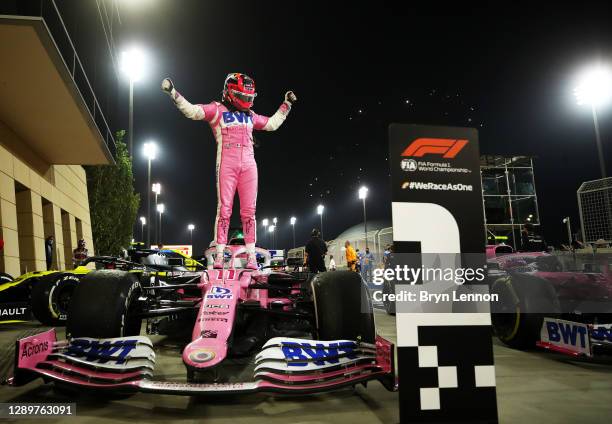 Race winner Sergio Perez of Mexico and Racing Point celebrates in parc ferme during the F1 Grand Prix of Sakhir at Bahrain International Circuit on...