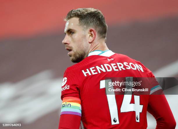 Jordan Henderson of Liverpool is seen wearing a rainbow captains armband in support of the Stonewall Rainbow Laces campaign during the Premier League...