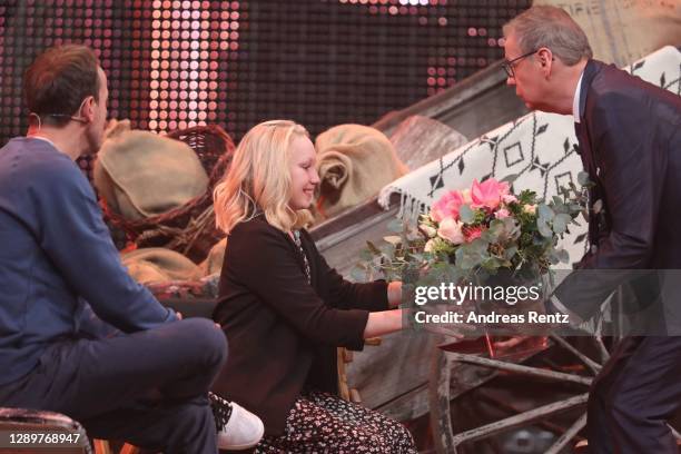 Wotan Wilke Moehring, Helena Zengel and Guenther Jauch speak on stage during the tv show "2020! Menschen, Bilder, Emotionen! - Der grosse RTL...