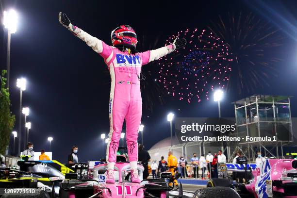 Race winner Sergio Perez of Mexico and Racing Point celebrates in parc ferme during the F1 Grand Prix of Sakhir at Bahrain International Circuit on...