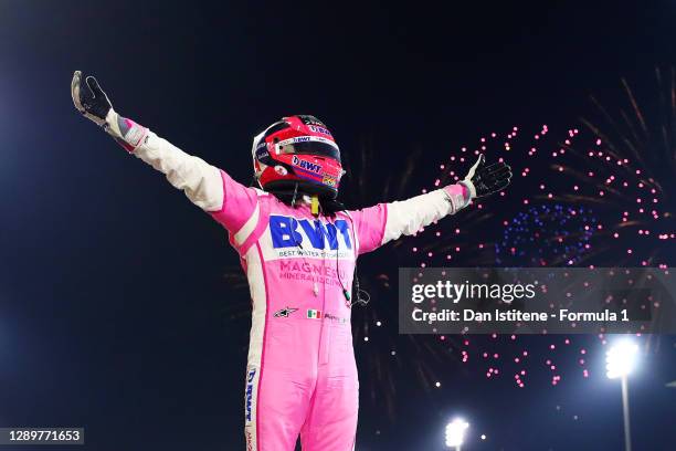 Race winner Sergio Perez of Mexico and Racing Point celebrates in parc ferme during the F1 Grand Prix of Sakhir at Bahrain International Circuit on...