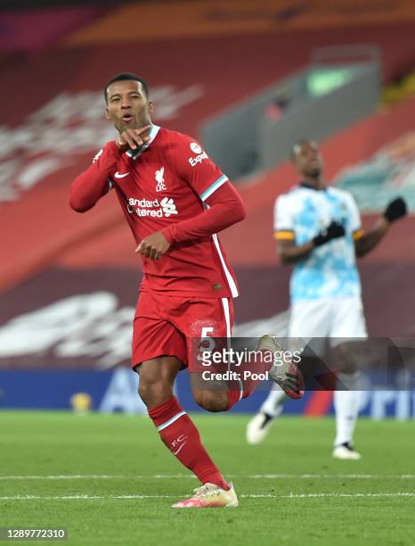 Georginio Wijnaldum of Liverpool celebrates after scoring their sides second goal during the Premier League match between Liverpool and Wolverhampton...
