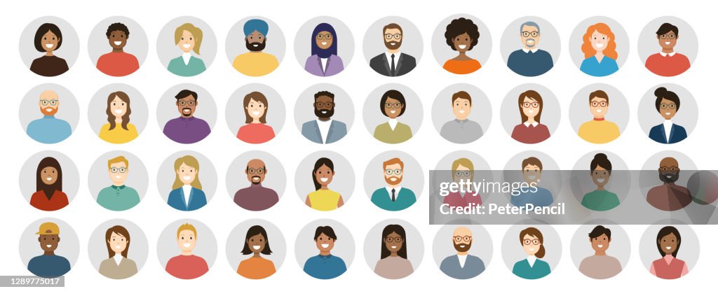 People Avatar Round Icon Set - Profile Diverse Faces for Social Network - vector abstract illustration