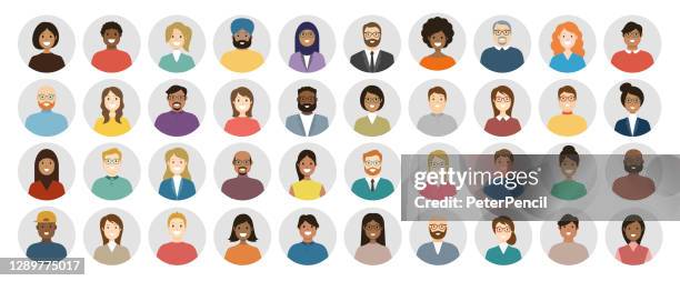 people avatar round icon set - profile diverse faces for social network - vector abstract illustration - casual clothing stock illustrations