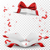 Opened gift box with red bow and serpentine on transparent background