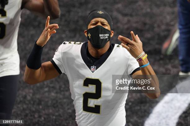 Jameis Winston of the New Orleans Saints leaves the field following a 21-16 victory over the Atlanta Falcons at Mercedes-Benz Stadium on December 06,...