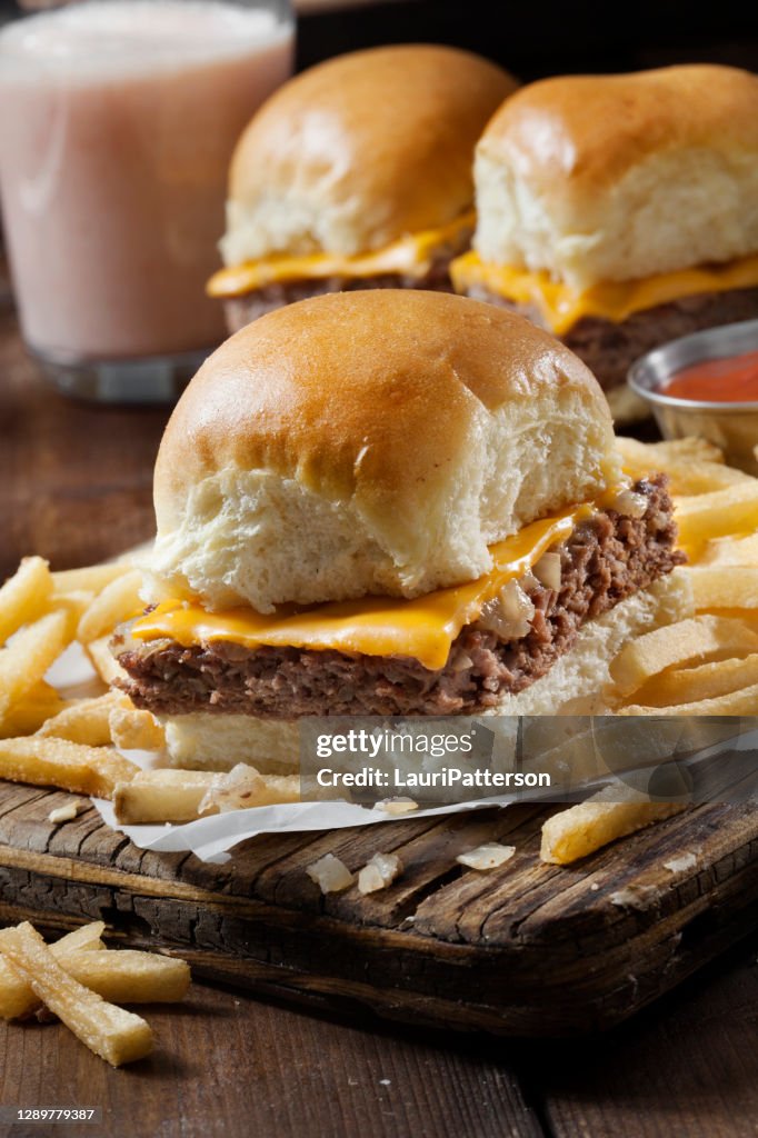 The Original Pan Baked Cheese Burger Sliders with Fried Onions on Soft Dinner Rolls
