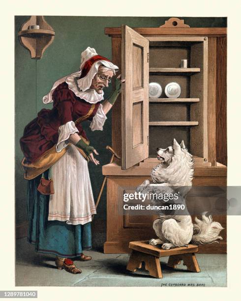 old mother hubbard, the cupboard was bare, nursery rhyme - old mother stock illustrations