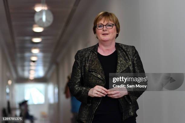 Minister for Defence Linda Reynolds arrives for a media conference in the press gallery at Parliament House on December 07, 2020 in Canberra,...