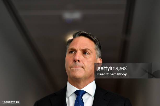 Deputy Leader of the Opposition Richard Marles addresses a media conference in the press gallery at Parliament House on December 07, 2020 in...