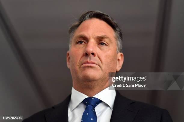 Deputy Leader of the Opposition Richard Marles addresses a media conference in the press gallery at Parliament House on December 07, 2020 in...