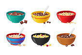 Set Ceramic Bowls with Cereals Breakfast, Milk, Chocolate and Berries. Healthy Food Concept. Realistic Colorful Plates
