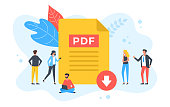 Download PDF file. Group of people with PDF document and download button. Modern flat design. Vector illustration