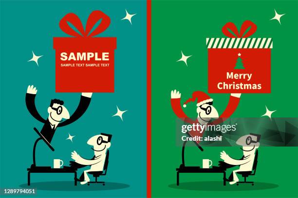 geschäftsmann in einem weihnachtsmann-anzug gekleidet zeigt sich auf computer-monitor und sendet eine große (weihnachtsgeschenk) geschenk-box an einen mann - gay christmas stock-grafiken, -clipart, -cartoons und -symbole