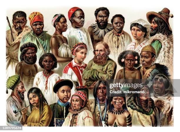 old engraved illustration of ethnology, principal types of mankind (thomas henry huxley) - aboriginal artwork stock-fotos und bilder