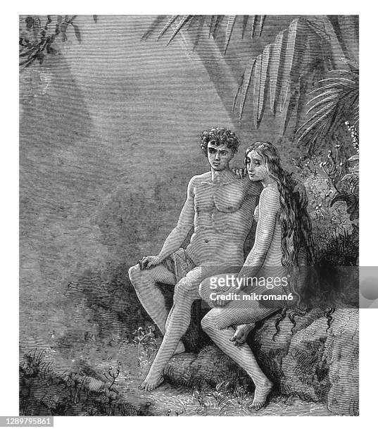 old engraved illustration of the garden of eden, adam and eve - adam stock pictures, royalty-free photos & images