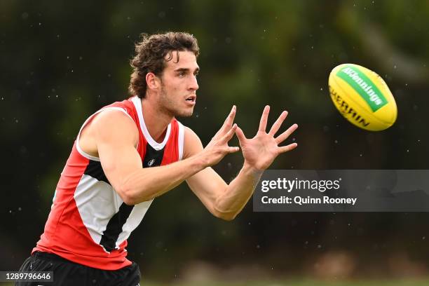 Max King of the Saints catches the ball during a St Kilda Saints AFL pre-season training session at Linen House Oval on December 07, 2020 in...