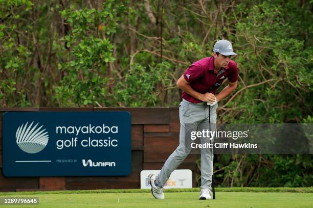 Joaquin Niemann of Chile reacts to his shot from the 17th tee during the final round of the Mayakoba Golf Classic at El Camaleón Golf Club on...