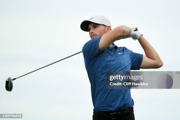 Aaron Wise of the United States plays his shot from the 18th tee during the final round of the Mayakoba Golf Classic at El Camaleón Golf Club on...