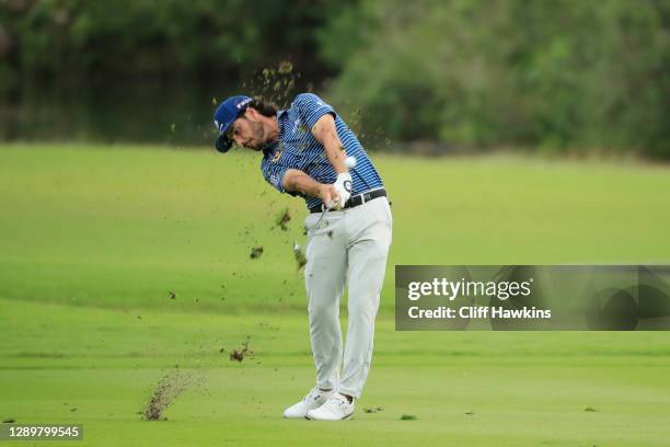 Abraham Ancer of Mexico plays a shot on the 17th hole during the final round of the Mayakoba Golf Classic at El Camaleón Golf Club on December 06,...