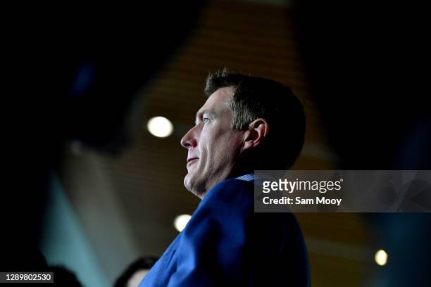 Attorney-General Christian Porter addresses media during a press conference in the Mural Hall at Parliament House on December 07, 2020 in Canberra,...