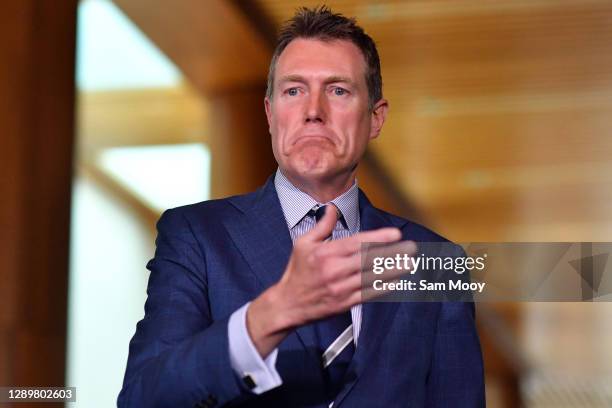 Attorney-General Christian Porter addresses media during a press conference in the Mural Hall at Parliament House on December 07, 2020 in Canberra,...