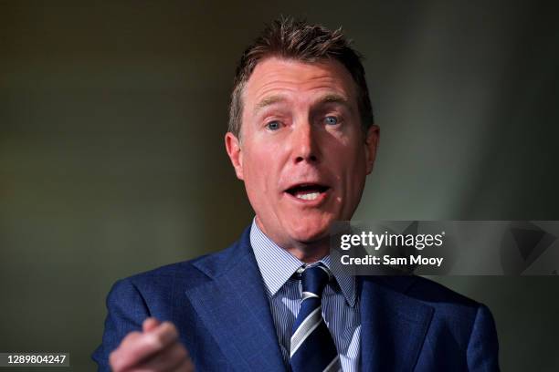 Attorney-General Christian Porter addresses media during a press conference in the Mural Hall at Parliament House on December 07, 2020 in Canberra,...