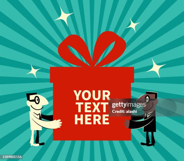 two multi-ethnic businessmen holding a big (christmas present) gift box together - gay christmas stock illustrations