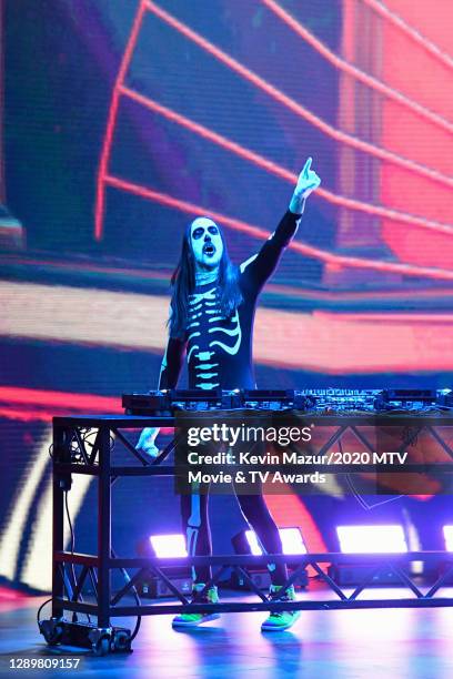 In this image released on December 6, Steve Aoki performs at the 2020 MTV Movie & TV Awards: Greatest Of All Time broadcast on December 6, 2020.