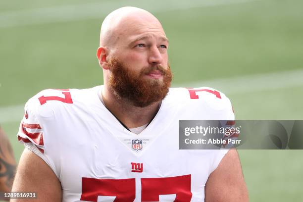 Spencer Pulley of the New York Giants looks on before their game against the Seattle Seahawks at Lumen Field on December 06, 2020 in Seattle,...