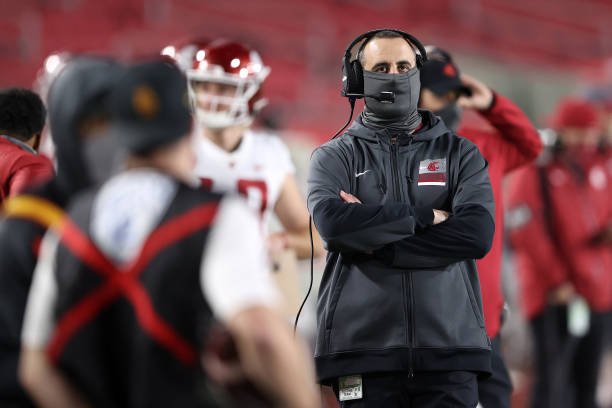 Head coach Nick Rolovich of the Washington State Cougars looks on during the second half of a game against the USC Trojans at Los Angeles Coliseum on...