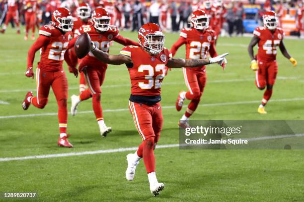 Tyrann Mathieu of the Kansas City Chiefs celebrates after an interception in the final minutes of a game against the Denver Broncos at Arrowhead...