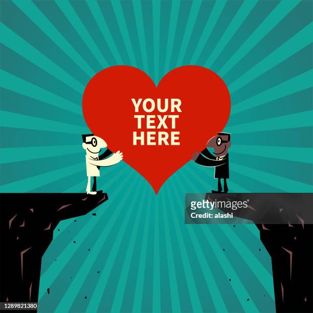 bridging the gap; two multi-ethnic businessmen standing at the edge of the cliff and holding a big heart shape sign together - forgiveness stock illustrations