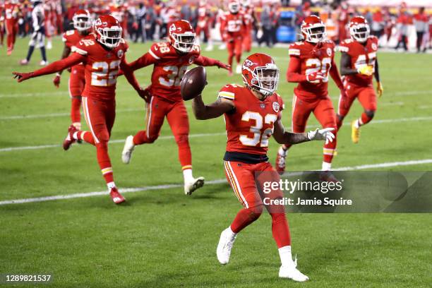 Tyrann Mathieu of the Kansas City Chiefs celebrates after an interception in the final minutes of a game against the Denver Broncos at Arrowhead...