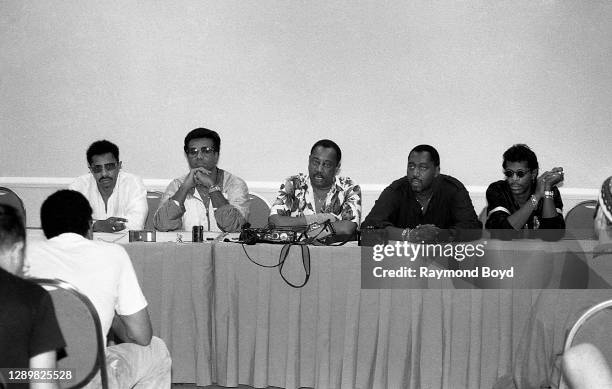 Singers Ron Tyson, Richard Street, Melvin Franklin, Otis Williams and Ali-Ollie Woodson of The Temptations answers questions during a press...