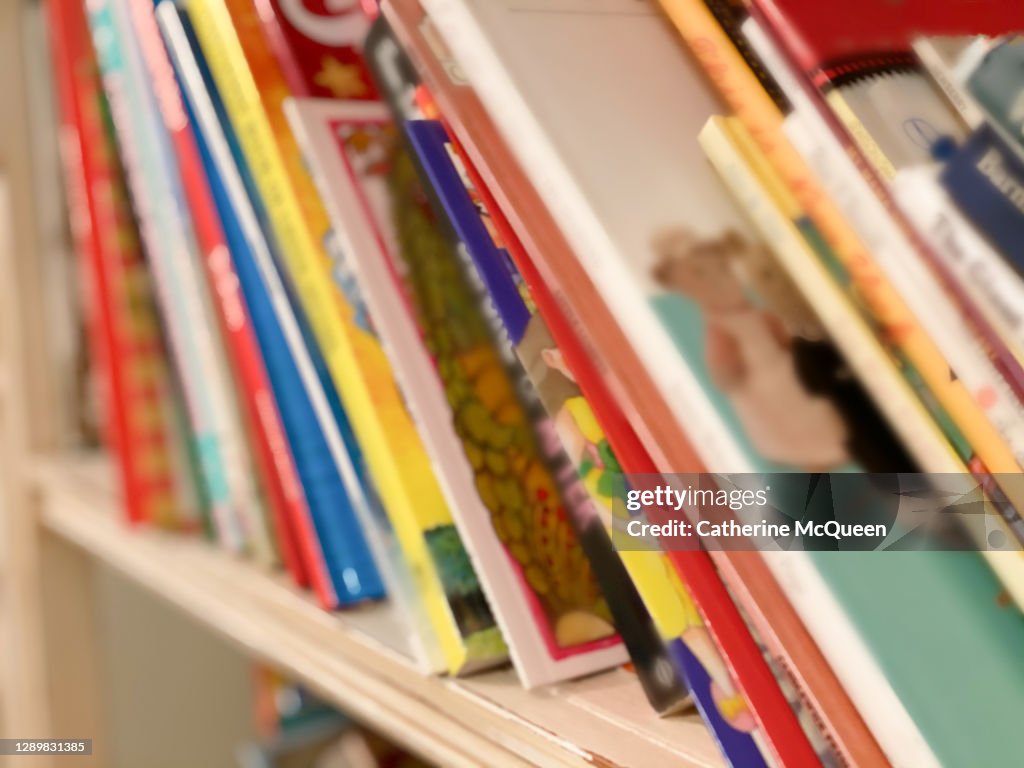 Bookshelf loaded with children’s books in toddler girl’s bedroom